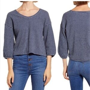 Madewell Navy Striped V-Neck Bubble Sleeve Blouse